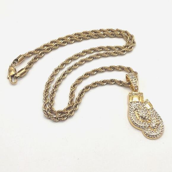 18k Plated Golden Gloves Necklace Diamond Cut Twist Chain Iced Out Birthday NEW!